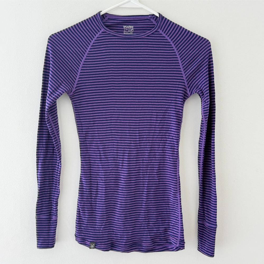 Ibex Woolies 150 Merino Wool Base Layer Top Purple Striped Long Sleeve Small